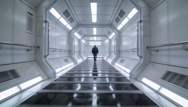 Walking lone man wearing jacket and backpack toward portal in station corridor, handrails