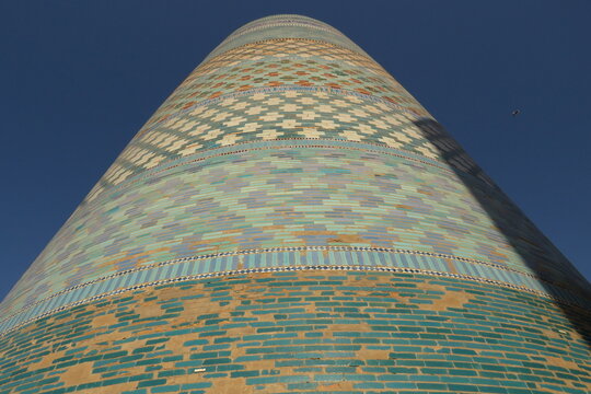 Kaltaminor, the unfinished minaret. (1852-1855) in Ichan Kala. Historic city of Khiva. Uzbekistan. World Heritage Site.