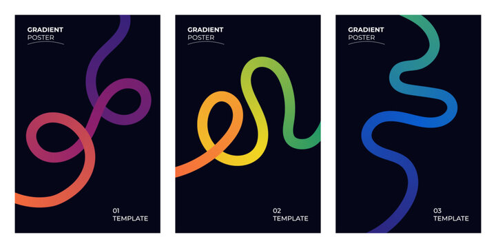 Minimalist abstract poster set with neon gradient squiggle lines on dark background
