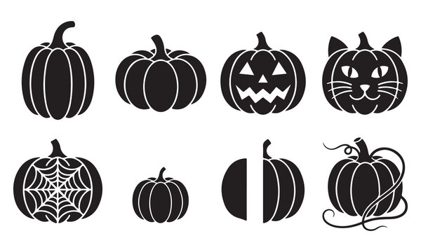 Set of eight black silhouette featuring various pumpkins, including a jack o lantern, cat shaped pumpkin, spider web pattern, and pumpkins with vines on a clean white background
