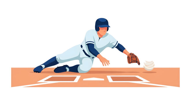 Baseball player sliding into a base during a game, wearing a uniform and helmet on a dirt field.