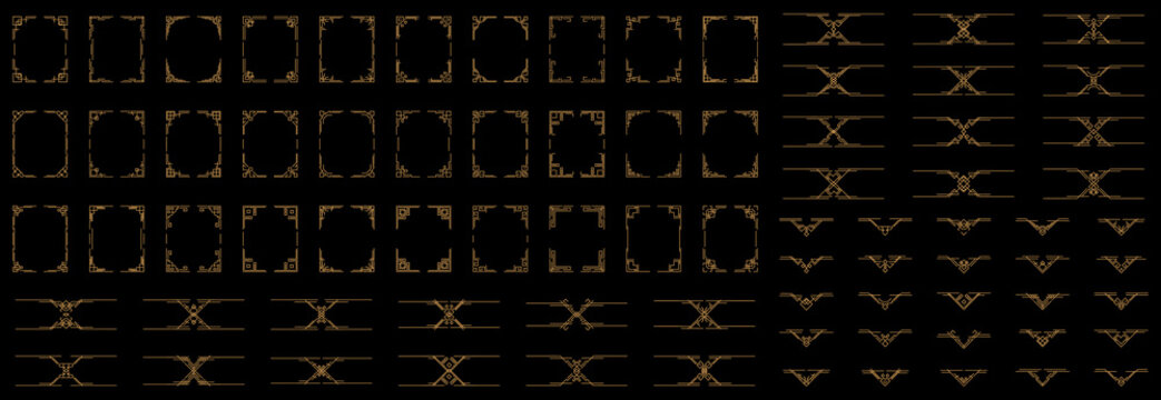 Art deco border and divider collection in gold line style. Includes geometric frames, ornamental corners, decorative dividers and vintage luxury elements in linear style