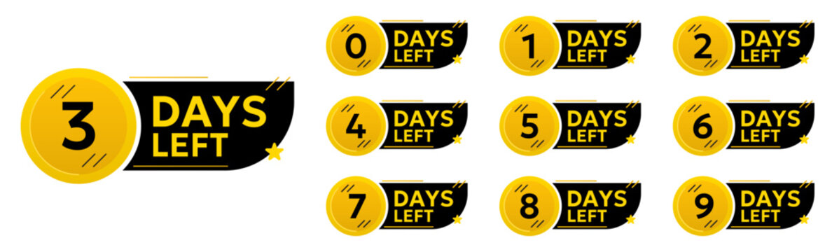 Countdown days left badge collection in black and gold style. Includes deadline labels, timer counters, urgency reminders and limited offer indicators