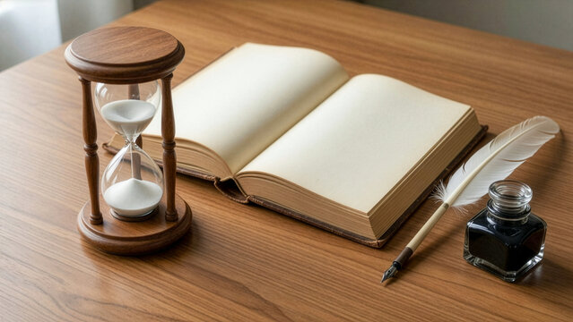 Hourglass Open Book Quill Pen and Ink Bottle