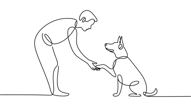  Continuous one line drawing of person shaking paw with pet dog, minimalist outline illustration representing animal training, trust, companionship, obedience and human pet bond