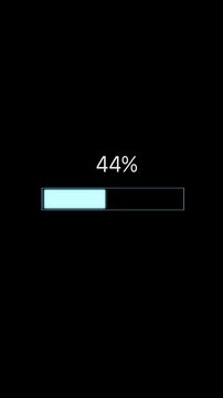 Minimalist loading bar animation on black background showing progress from zero to one hundred percent with clean blue glow, perfect for software installation, digital update, and data buffering