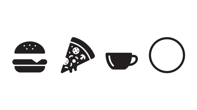 Black Food Icons Set Including Hamburger Pizza Cup And Plate On White Background For Restaurant Menu Design