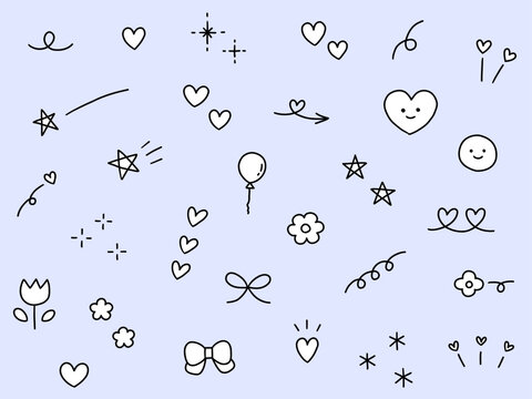 手書きの飾りイラストのベクターイラストセット。手描き、集中線、リボン、落書き、ハート、星
