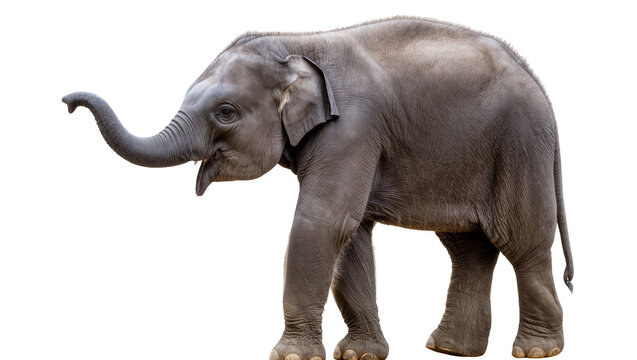 Young elephant with trunk raised, isolated on transparent background