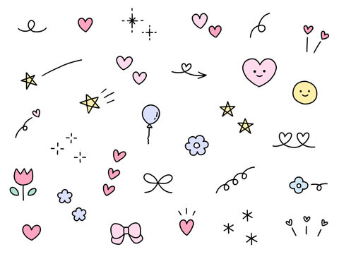 手書きの飾りイラストのベクターイラストセット。手描き、集中線、リボン、落書き、ハート、星