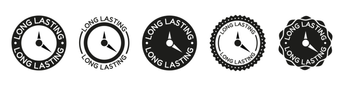Long lasting warranty badge collection in monochrome style. Includes durability labels, quality guarantee seals, lifetime performance marks