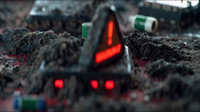 A grubby warning sign on a damaged circuit board symbolises cyber threats, providing a stark backdrop for articles on information security and digital risks.
