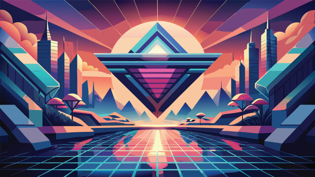 Futuristic synthwave landscape with floating triangular structure synthwave futuristic landscape triangle vaporwave cyberpunk reflection cityscape abstract geometric technology environment