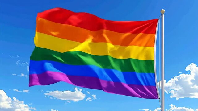 Rainbow pride flag waving on a silver flagpole against a clear blue sky