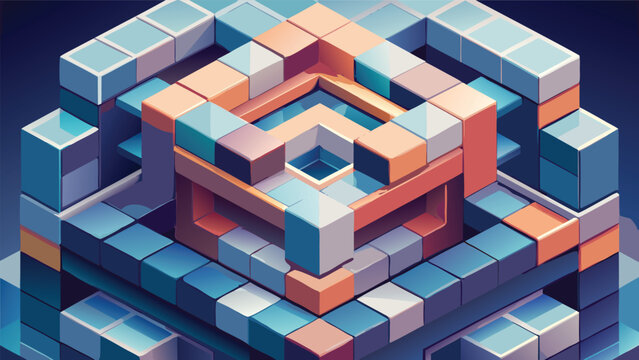 Complex isometric geometric block structure with multicolored cubes isometric geometric abstract structure architecture colorful dimensional construction complexity perspective building