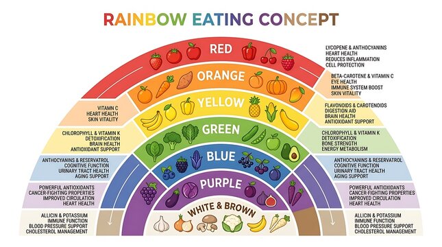 Healthy rainbow diet infographic showing fruit and vegetable benefits