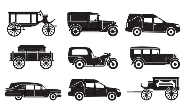 Set of vintage and funeral vehicle silhouettes including horse-drawn carriages, antique automobiles, and modern hearses, isolated on a white background for