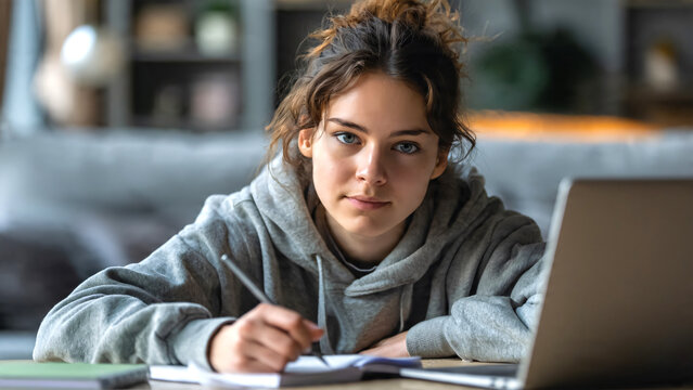 Teenage girl studying at home with a laptop and notebook while learning online for final examinations, diligent young student taking handwritten lecture notes in a comfortable living room environment.