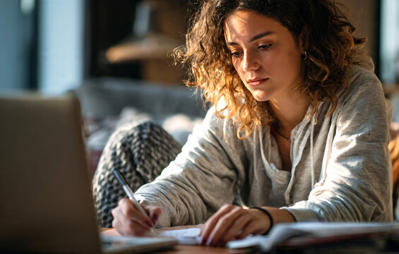Teenage girl studying at home with a laptop and notebook while learning online for final examinations, diligent young student taking handwritten lecture notes in a comfortable living room environment.