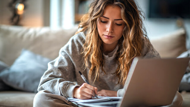 Teenage girl studying at home with a laptop and notebook while learning online for final examinations, diligent young student taking handwritten lecture notes in a comfortable living room environment.