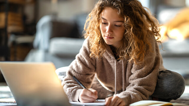 Teenage girl studying at home with a laptop and notebook while learning online for final examinations, diligent young student taking handwritten lecture notes in a comfortable living room environment.