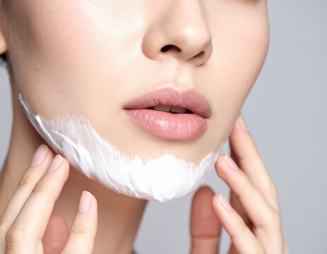 Woman applying shaving cream for facial hair removal