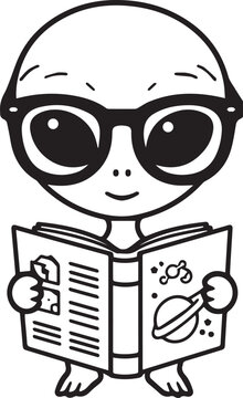 An illustration of a cute alien wearing glasses, reading a book with images of planets and science-related content, conveying curiosity and learning.