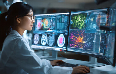 Fototapeta premium Asian female scientist operating a high-tech multi-monitor workstation inside a futuristic clinical laboratory, analyzing MRI scans, neural network visualizations, molecular cell structures.