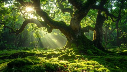 Fototapeta premium Ancient Oak Tree in Sunlit Enchanted Forest.