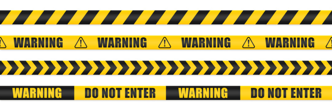Warning black and yellow tape set vector. Isolated warning ribbon line on white background. Realistic warning yellow stripe tapes. Do not enter seamless pattern concept lines. Vector illustration.
