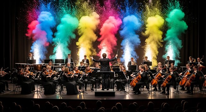 Orchestra Performing on Stage with Colorful Lights.