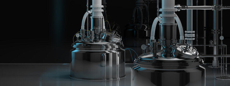 AI-driven biopharmaceutical manufacturing in industrial bioreactor facility with steel tanks and automated process control systems for monoclonal antibodies, proteins and GLP-1 therapeutics production