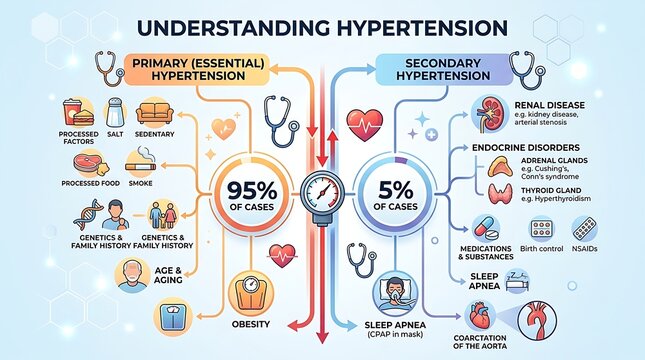 Medical infographic explaining primary and secondary hypertension causes