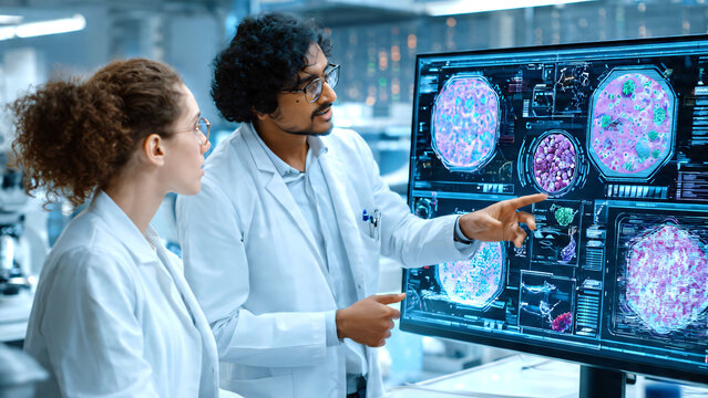 Professional female scientist and Indian microbiologist analyzing advanced medical infographics and AI-generated cellular diagnostics on a computer monitor in a high-tech clinical laboratory.