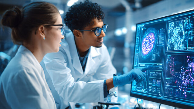 Professional female scientist and Indian microbiologist analyzing advanced medical infographics and AI-generated cellular diagnostics on a computer monitor in a high-tech clinical laboratory.