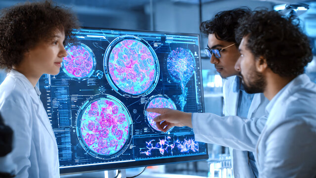 Professional female scientist and Indian microbiologist analyzing advanced medical infographics and AI-generated cellular diagnostics on a computer monitor in a high-tech clinical laboratory.