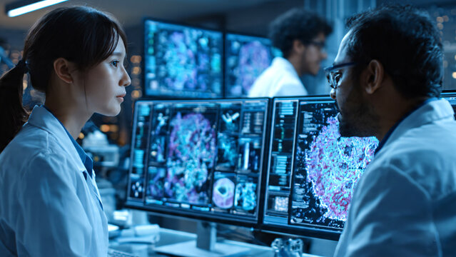 Professional female scientist and Indian microbiologist analyzing advanced medical infographics and AI-generated cellular diagnostics on a computer monitor in a high-tech clinical laboratory.