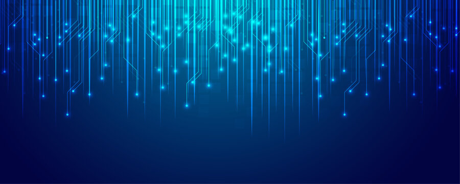 Abstract technology background with glowing vertical data lines and circuit patterns in deep blue.