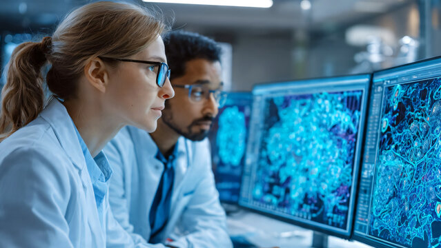 Professional female scientist and Indian microbiologist analyzing advanced medical infographics and AI-generated cellular diagnostics on a computer monitor in a high-tech clinical laboratory.