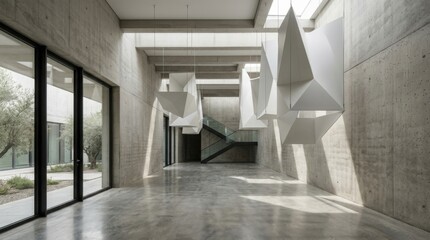 Fototapeta premium Modern architectural atrium with geometric light wells casting dramatic shadows in minimalist concrete interior