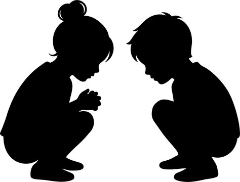 Two children crouch and converse in silhouette against a white background
