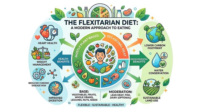Flexitarian diet infographic showcasing health and environmental gains