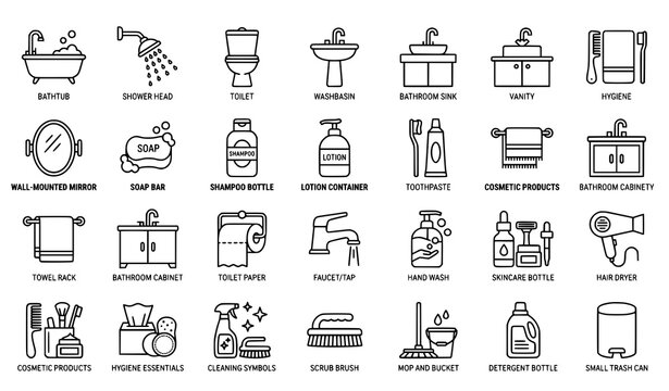 Bathroom line icon set with bath shower toilet washbasin mirror and hygiene symbols