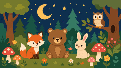 Naklejka premium Woodland Friends at Night: A charming scene of forest animals – a fox, bear, and rabbit – gathered under a starry night sky with a crescent moon, surrounded by whimsical mushrooms and trees.