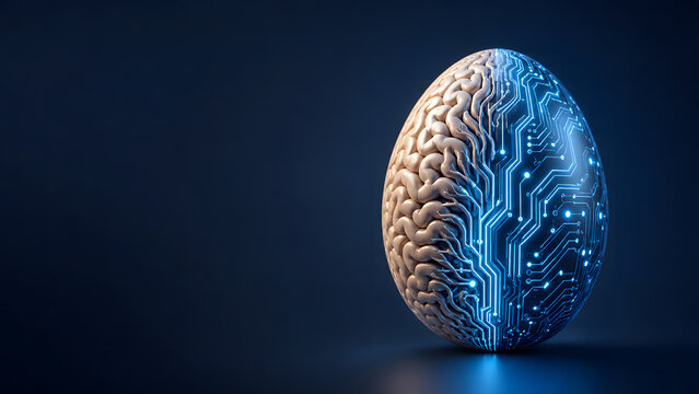 Egg standing upright with one half showing a human brain structure and the other half a glowing blue circuit board, representing artificial intelligence and innovation.