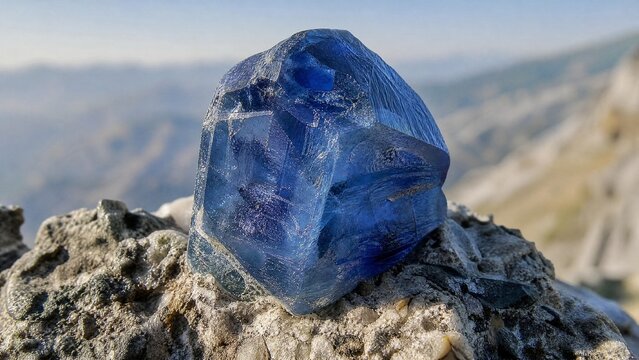 Raw blue corundum crystal on natural rock in daylight.