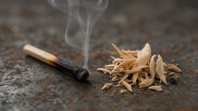 Recently extinguished matchstick next to wood shavings with a wisp of smoke.