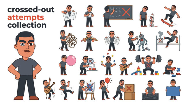 Crossed-out attempts collection, flat vector character set of man failing at various tasks, frustrated male mascot experiencing mistakes and errors