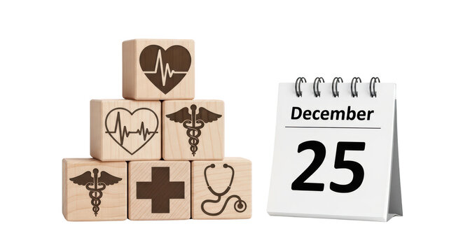 Medical symbols on wooden blocks calendar.