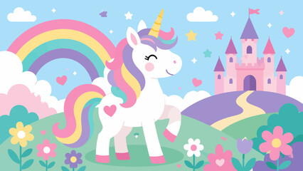 Whimsical Unicorn Castle: A magical unicorn with a rainbow mane prances joyfully through a fantasy land. © Ahmed